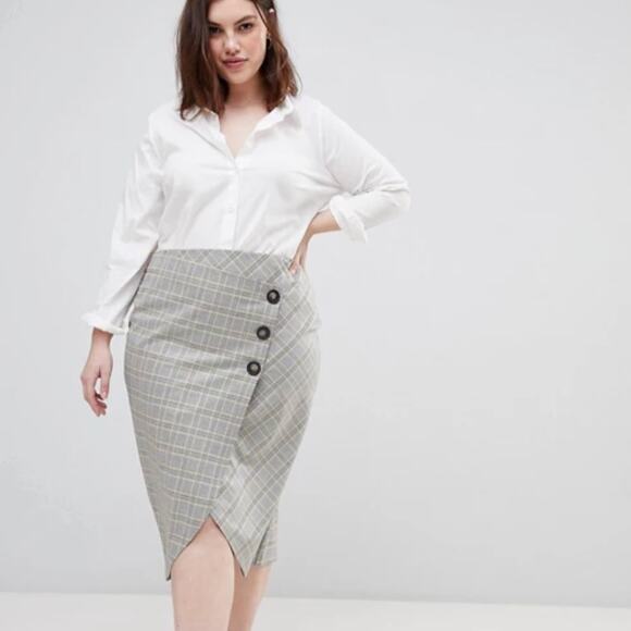 ASOS Curve Plaid Midi Skirt 12 Gray Yellow Wrap Button Check Tailored Work - Picture 1 of 7